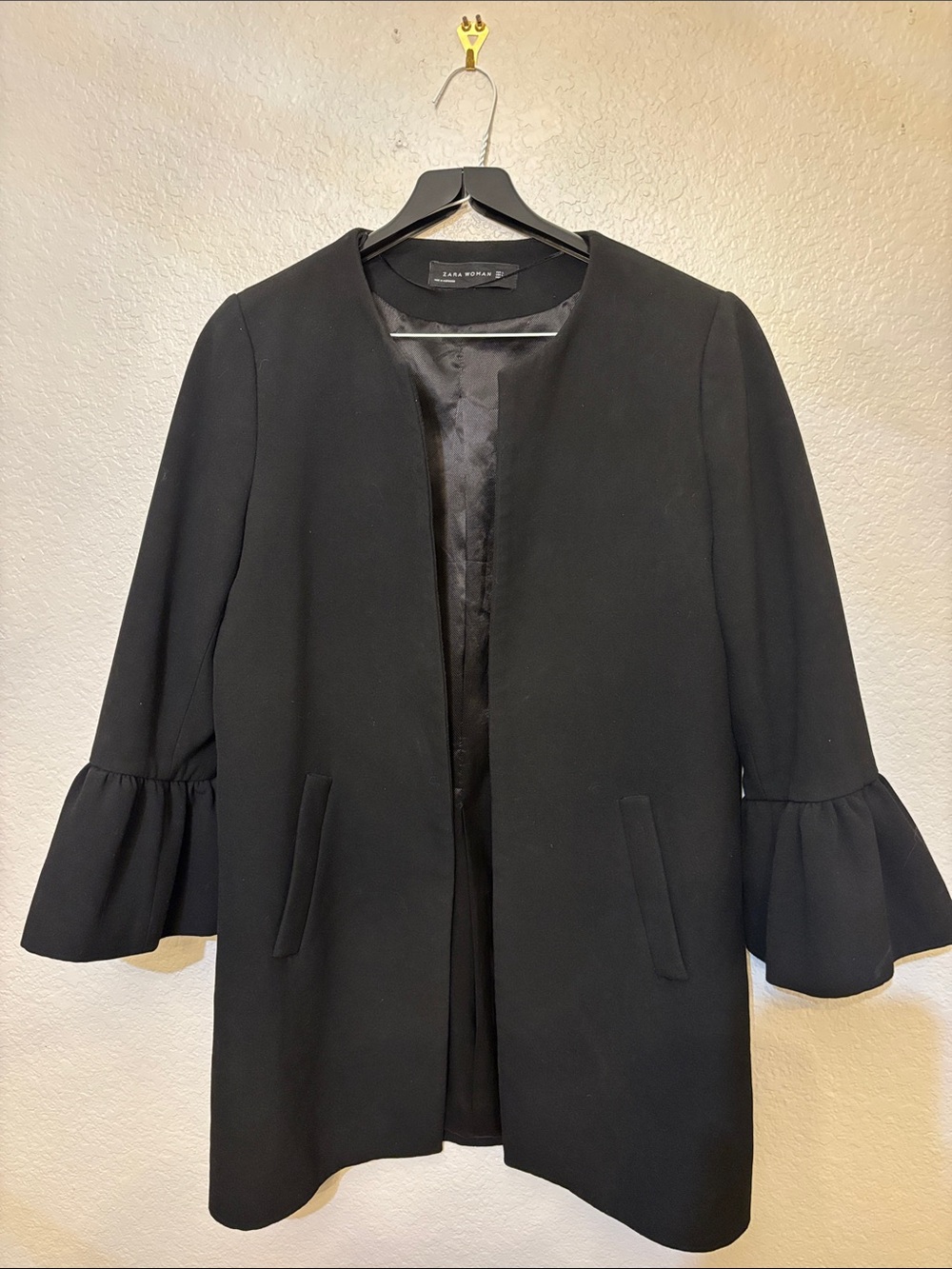 Zara Black Open-Front 3/4 Coat with Ruffle 3/4 Sleeves